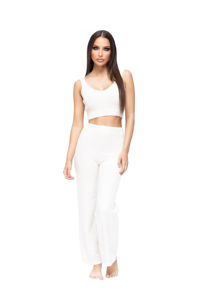 2 Piece Set. For Love of Lingerie Women's Ultra Luxurious Soft and Cozy Matching Tank Top and Pants Loungewear Set - White - Small, Medium, Large. 