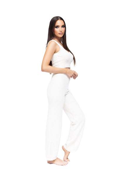 2 Piece Set. Women's Ultra Luxurious Soft and Cozy Matching Tank Top and Pants Loungewear Set - White - Small, Medium, Large